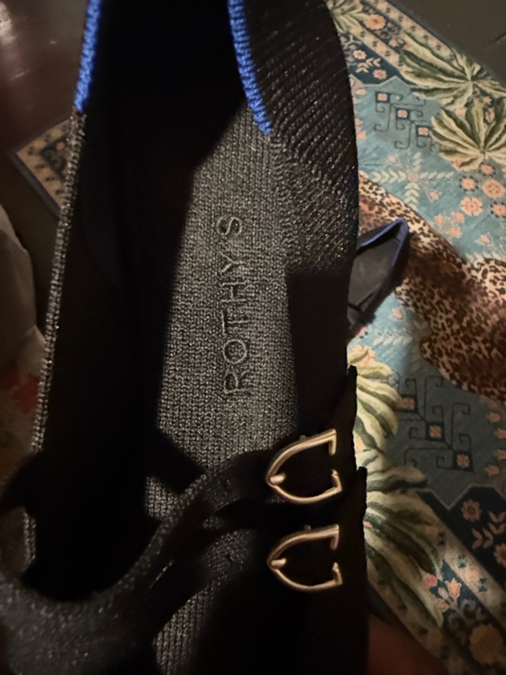 Rothy's Black Knit Slip-On Flats with Blue Trim